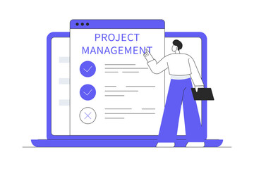 Poster - Man freelancer update business checklist in project management software on laptop screen. Flat Cartoon Vector Illustration, icon. Stylish abstract design landing page