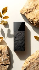Poster - Black Textured Shampoo Bottle Mockup on Stone Backdrop with Leaves