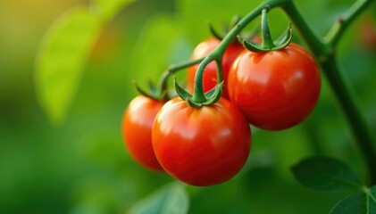 Wall Mural - Close-up of ripe red tomatoes on the vine, fresh from the garden , summer, branch