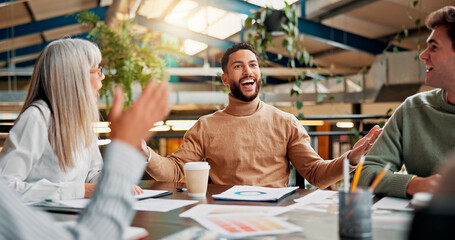 Poster - happy, meeting and business people with applause in office for success, achievement and victory. cre