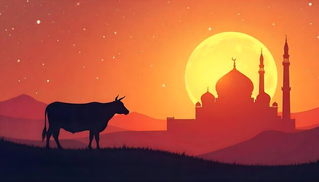 eid al adha mubarak banner illustration design template with cow and Mosque silhouette, 2025 Happy Eid al Adha Mubarak flyer, poster, greeting card, created with generative ai