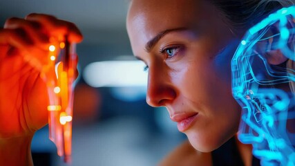 Poster - Futuristic woman faces a glowing digital avatar, symbolizing the interface between human cognition and artificial intelligence