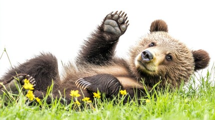 A playful grizzly bear cub rolling in the grass, looking adorable, on a white background