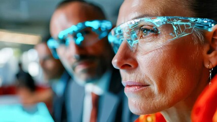 Poster - Woman in digital glasses with a futuristic HUD interface, participating in a corporate brainstorming session with colleagues in background