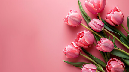 Aufkleber - Elegant pink tulips arranged on a coral backdrop with copy space