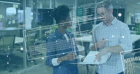 Poster - Mature man and woman reviewing data in business office, with holographic panels and network lines
