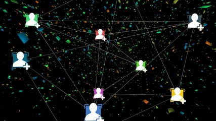 Poster - Digital network nodes linking, showing white user icons in colorful frames amid particles