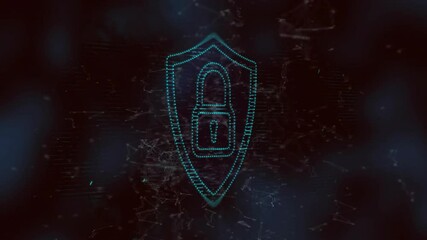 Aufkleber - Neon teal dotted shield with padlock being animated in dark glitchy scene, showing particle effects