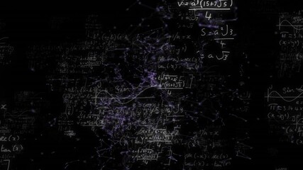 Poster - Handwritten equations floating in dark void, 3D render showing glowing purple network lines