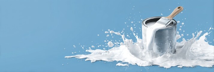 Aufkleber - Brush Splashing White Paint From an Open Can on a Blue Background Creating a Dynamic Effect of Color and Creativity Generative AI