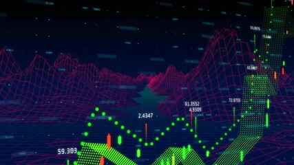 Poster - Green dotted 3D chart rising over neon pink wireframe grid, showing floating numeric labels
