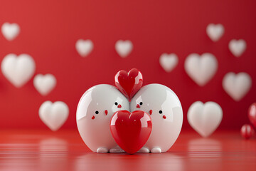 Poster - Two cute heart characters embracing against a background filled with red hearts