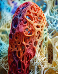 Leinwandbilder - Abstract organic structure with intricate cellular pattern and vibrant gradient from red to blue, creating a porous, interconnected network.