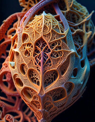 Poster - Abstract organic structure with intricate cellular lattice pattern in shades of orange, yellow, and purple on a dark background.
