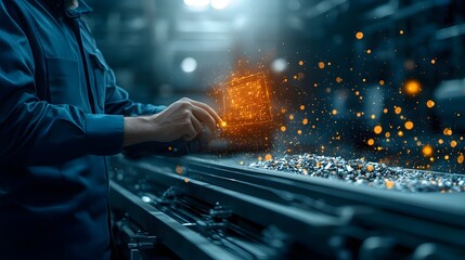 Poster - close up of a worker s hands manipulating controls on an advanced industrial sparks and heat as part