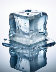 Poster - Melting ice cube with water droplets and reflection. Concept for cooling, refreshment, or environmental issues like global warming.