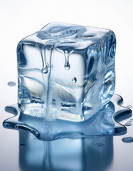 Poster - Melting ice cube on a reflective surface shows water droplets and the process of thawing, useful for illustrating concepts related to climate change.
