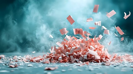 Poster - A magnified explosive display of shredded paper fibers captured in a dynamic holographic projection against a clean minimalist background