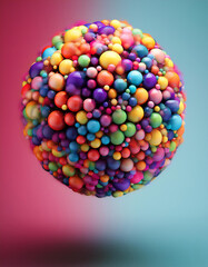 Poster - Colorful sphere made of many small balls on a pink and blue background. Abstract and vibrant design element for creative projects.
