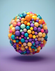 Leinwandbilder - Colorful sphere made of balls and hair like strands, casting a soft shadow on a gradient backdrop. Abstract and vibrant design element.