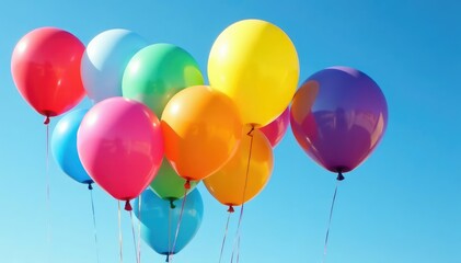 Wall Mural - Vibrant rainbow colored balloons floating against a clear blue sky , rainbow, sky backdrop, bright colors