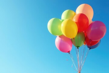 Wall Mural - Vibrant rainbow colored balloons float against a clear blue sky , carnival, spectacle, balloon festival