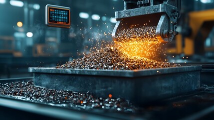 Poster - a photograph of molten recycled aluminum being poured in an industrial factory setting with holograp