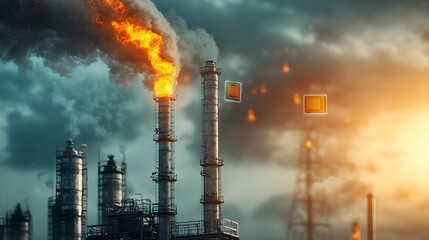 Poster - a futuristic industrial refinery scene with billowing smoke flames and molten metal processing accom