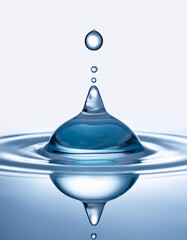 Poster - Water drop collision creates ripples on a blue liquid surface, capturing the impact and resulting concentric circles.