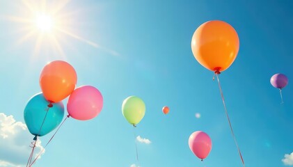 Wall Mural - Brightly colored balloons float against a sunny sky, creating a joyful and playful scene , up, light, sky