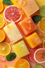 Aufkleber - Citrus fruits and colorful soap bars on vibrant background