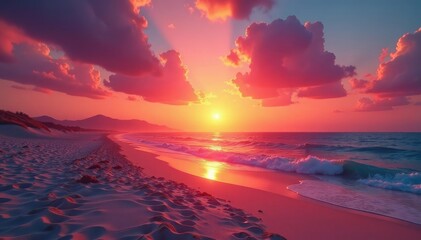 Wall Mural - Vibrant sunset hues paint the sky, warm sand reflects the light , atmospheric, yellow