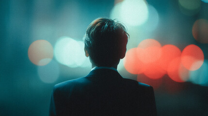 Poster - Silhouette of person in suit, back view, against blurred city lights background, conveying themes of solitude, urban life, and contemplation