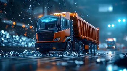 Poster - a large bright orange autonomous dump truck navigates through a rainy neon lit city street at night 