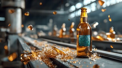 Poster - shattered glass bottles moving along a conveyor belt with holographic labels guiding the sorting and