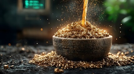 Poster - A photograph showcasing the process of pouring hot molten recycled glass into molds with holographic temperature displays providing real time data on the manufacturing process