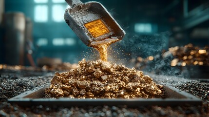 Poster - Photograph of molten recycled glass being poured into steel molds with holographic temperature displays visible in an industrial manufacturing setting