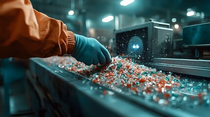 Poster - fragments of multicolored glass being sorted and processed at an advanced recycling facility with a 