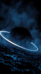 Wall Mural - futuristic celestial body with glowing rings and rich blues, space-themed.