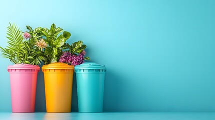 Aufkleber - Vibrant geometric glass recycling bins in pink yellow green and blue colors arranged in a minimalist organized manner against a simple blue background with natural tropical foliage elements