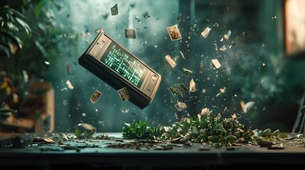Poster - a high tech glass recycling with floating holographic control panels leaving a trail of shattered gl