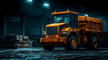 Poster - A massive heavy duty dump truck stands alone in a dimly lit industrial warehouse or construction site its powerful features and rugged design conveying a sense of utility and functionality