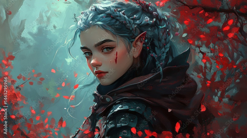 Elf Warrior with Braided Hair, Fantasy Armor and Red Facial Marks in ...
