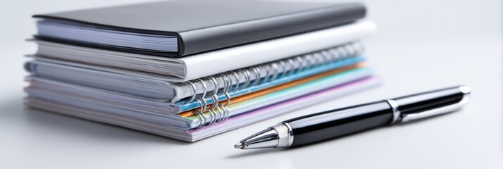 Poster - Journals and Pen Arranged Neatly on a Table With Clear White Space for Writing and Creativity Generative AI