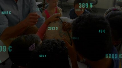 Poster - male teacher guiding students around classroom globe, showing animated education chart overlays