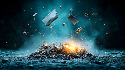 Poster - A dynamic visual representation of the environmental impact of recycling glass panels displayed through a captivating holographic explosion of shattered fragments