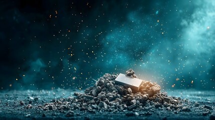 Poster - Shards of recycled glass scattered on the ground beneath a holographic display showcasing environmental data and information in a futuristic technological setting