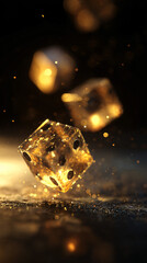Wall Mural - Golden dice floating mid-air against a dark background.
