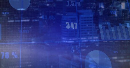 Poster - Interface displaying financial data overlaying night cityscape with gridlines bar pie charts