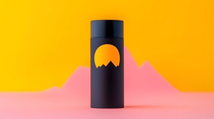 Poster - Minimalist Black Bottle with Sun and Mountain Cutout on Pink and Yellow Background